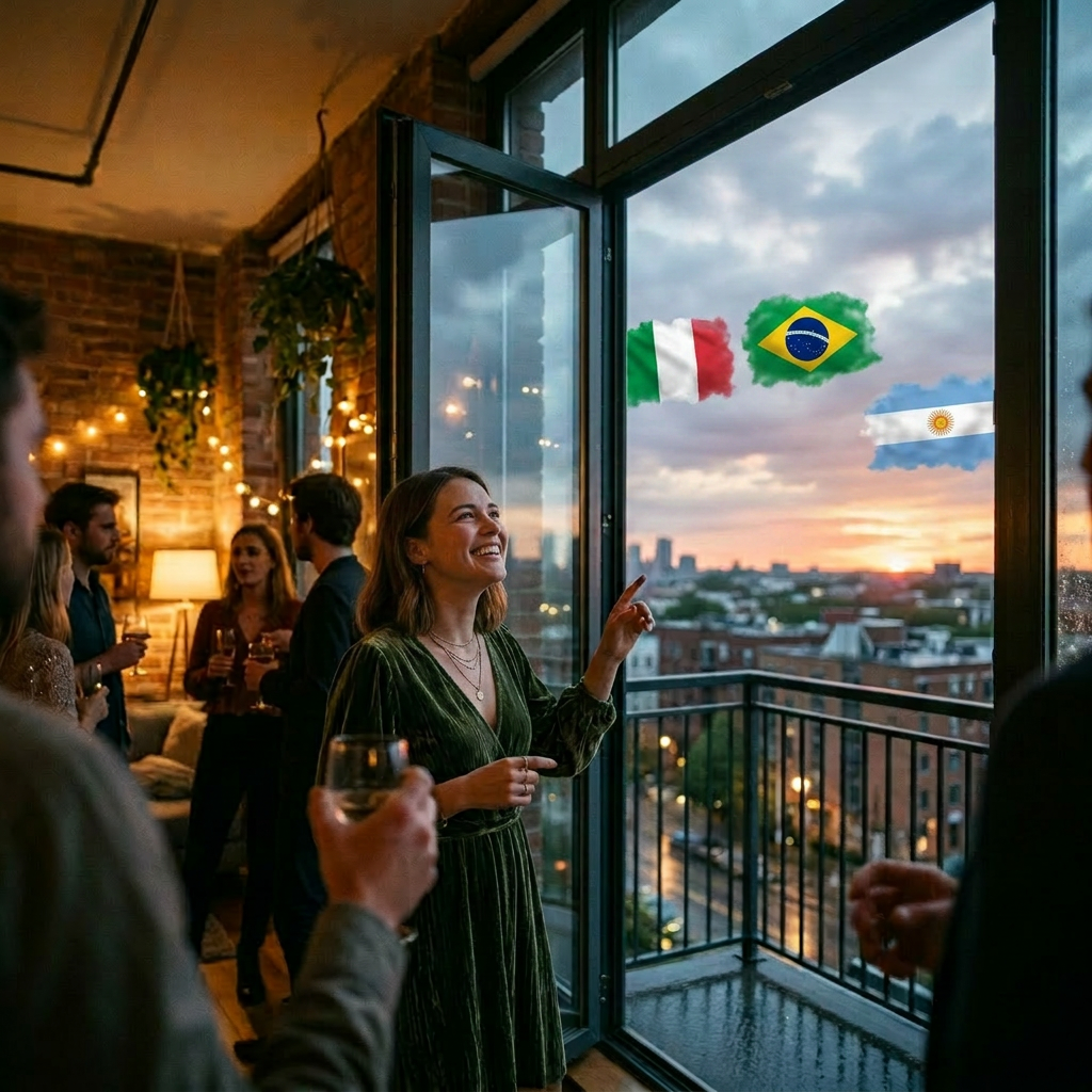 Woman pointing at surreal countryside landscape in sky outside city apartment window during sunset party