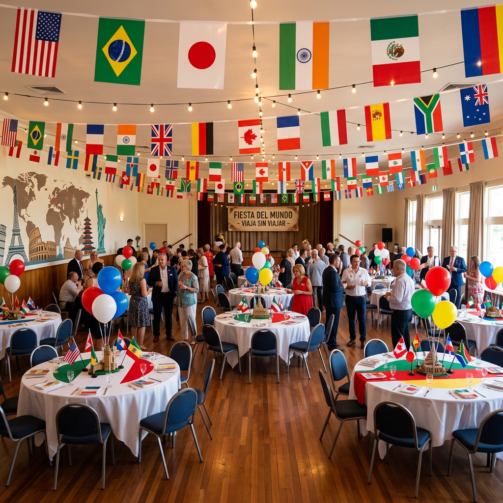 Community gathering with international flags and festive balloons in decorated hall